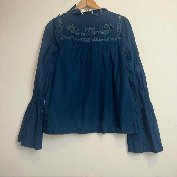 Free People Top Large Teal Blue Another Eternity Crochet Mock Neck Bell Sleeve - Picture 7 of 13